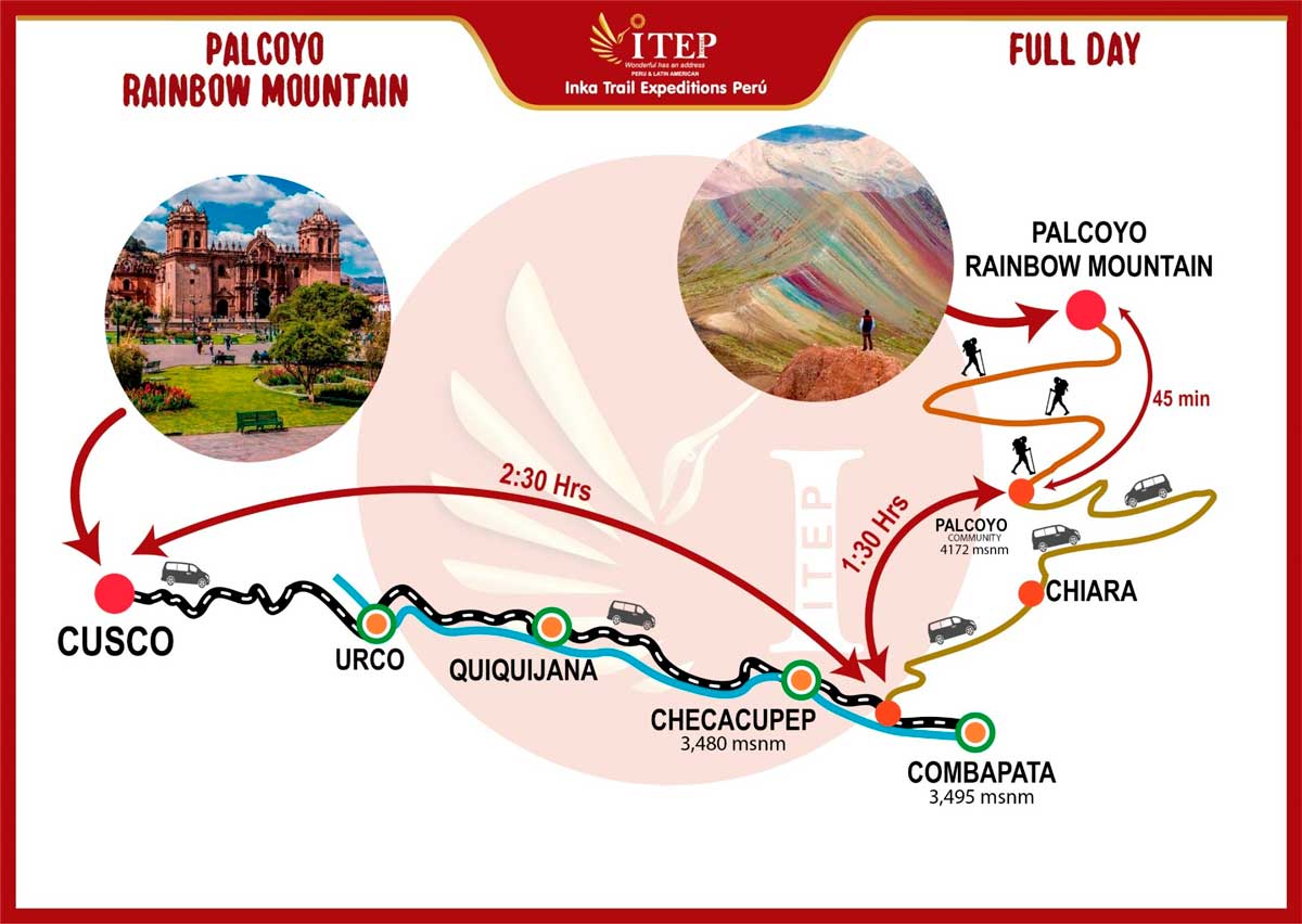 Map - Day 1: Cusco – Checacupe “Palcoyo Rainbow Mountain” – Full Day. Map - Day 1: Cusco – Checacupe “Palcoyo Rainbow Mountain” – Full Day.