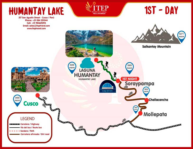 Mapa - Dia 1: De carro: Cusco – Soraypampa; Caminata Soraypampa – Lagoa de Humantay: 13 Km (8.08 miles) “Dia de aclimatação / Moderado”