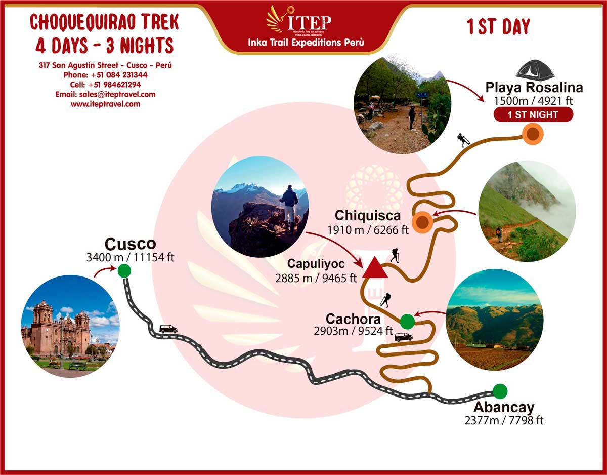 Map - Day 1: By Bus Cusco – Capuliyuc, Trekking from Capuliyuc to La Playa Rosalina Map - Day 1: By Bus Cusco – Capuliyuc, Trekking from Capuliyuc to La Playa Rosalina