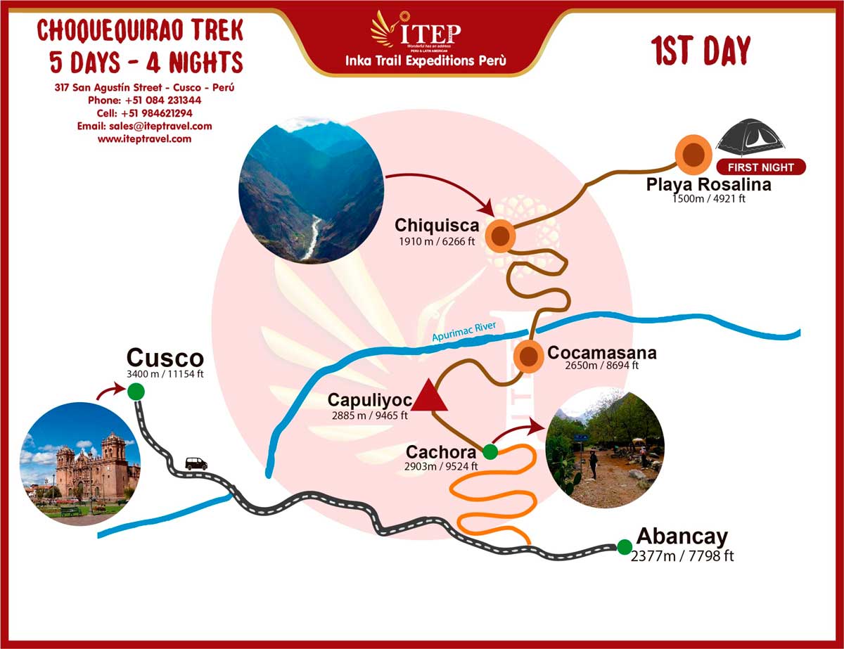 Map - Day 1: Cusco | Capuliyoc – Playa Rosalina Map - Day 1: Cusco | Capuliyoc – Playa Rosalina