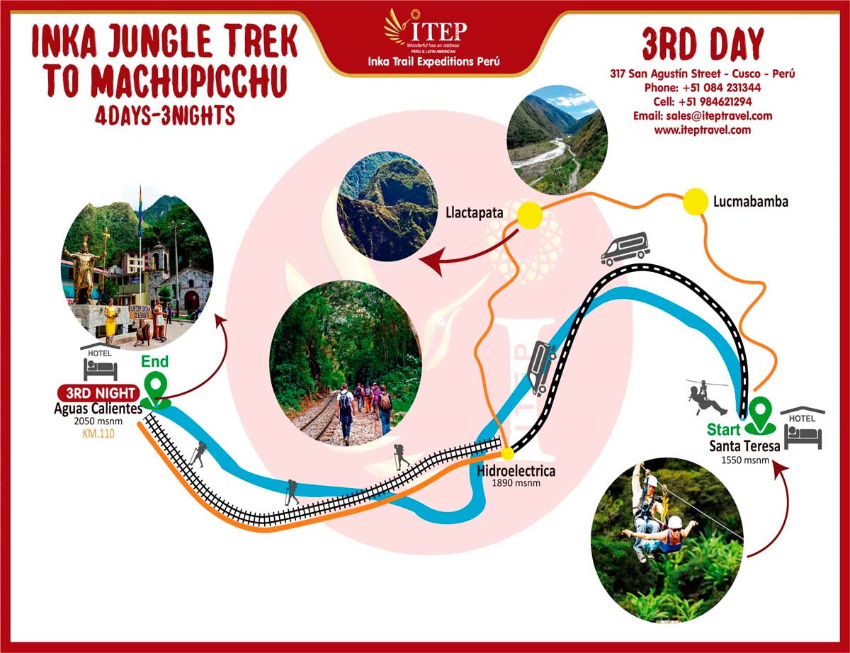 Map - Day 3: Trekking from Lucmabamba- Llactapata Inca trail to Aguas Calientes: 18 Km “Moderate Day” Map - Day 3: Trekking from Lucmabamba- Llactapata Inca trail to Aguas Calientes: 18 Km “Moderate Day”