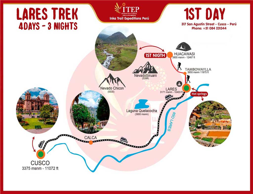 Map - Day 1: Cusco - Calca - Lares Hot Springs - Huacawasi Map - Day 1: Cusco - Calca - Lares Hot Springs - Huacawasi